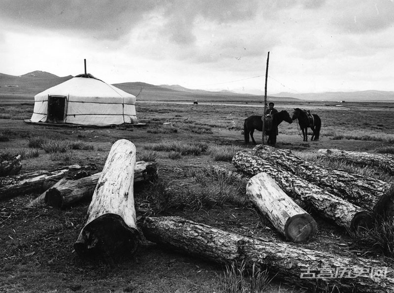 牧民和蒙古包，一旁堆积着蒙古高原上并不出产的粗壮木材，这些木材来着遥远的西伯利亚，苏联已经深刻影响了当时蒙古人生活的各个方面。