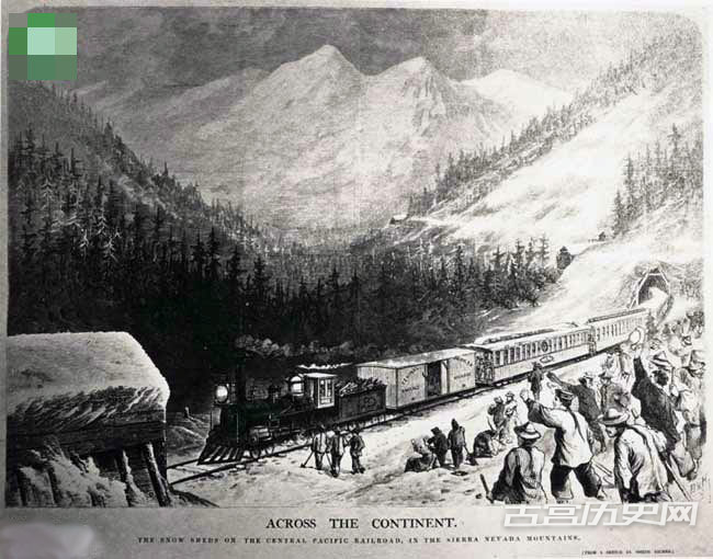 在大雪弥漫的内华达山脉，修建铁路的中国劳工。