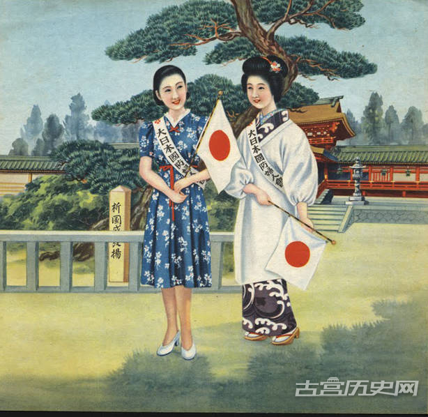 当时日本成立了许多妇女组织，如“爱国妇人会”和“国防妇人会”等等。1942年，“爱国妇人会”与“国防妇人会”合并为所谓的“大日本妇人会”，发展到最后人数接近1000万人。图为“大日本国防妇女会”的宣传卡片。
