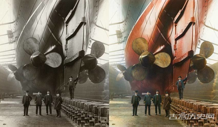 1909年，海洋巨人“茅利塔尼亚”号，摄于利物浦加拿大码头（Canada Dock）；其中穿制服的男子是该船的总轮机长约翰·柯里（John Currie）。