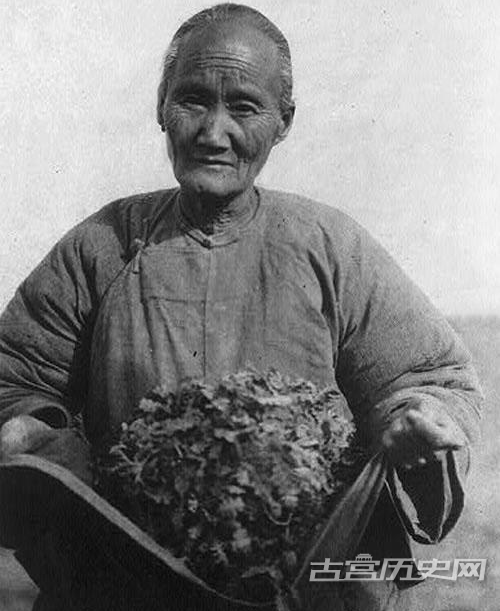 1921年，中国大饥荒时怀抱野草的老妇。