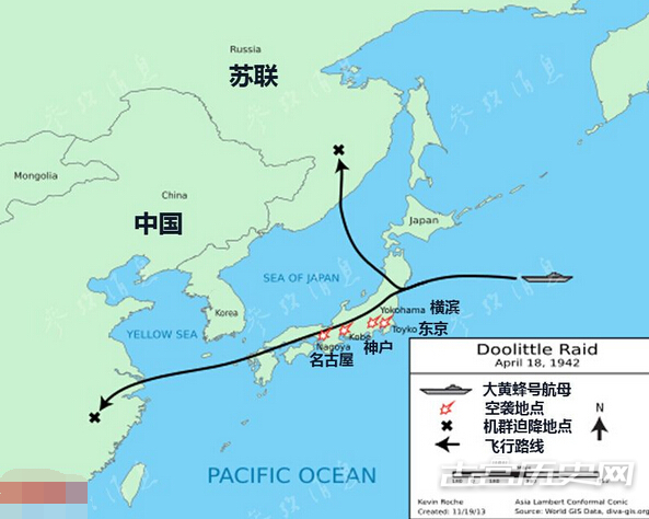 图为杜立特空袭日本示意图。