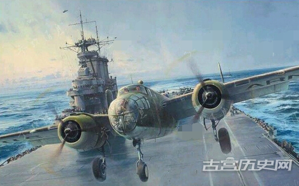 图为艺术家绘制的B-25轰炸机从大黄蜂号上空起飞瞬间。
