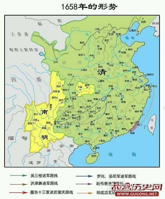 明朝地图：南明疆域变化图：1658年局势