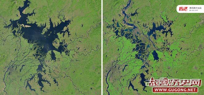 左图：2000年10月9日，NASA拍摄的鄱阳湖卫星图；右图：2016年9月27日，NASA拍摄的鄱阳湖卫星图。