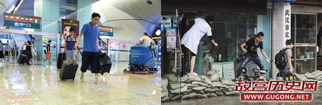 图：左图：2016年7月，武汉火车站内积水；右图：2016年7月，武汉张之洞路段内涝。